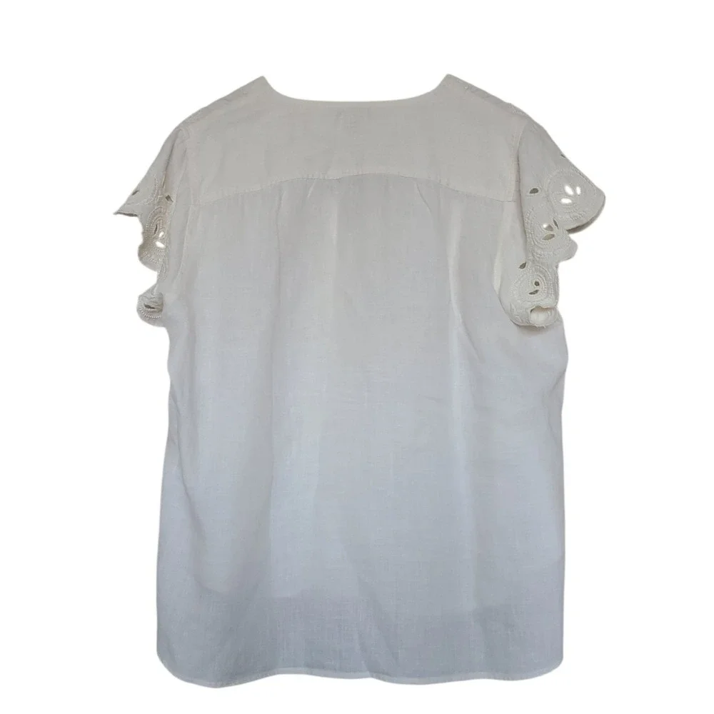 J. Crew 100% Linen Top 16 White Embroidered Short Sleeves V-neck Lightweight‎